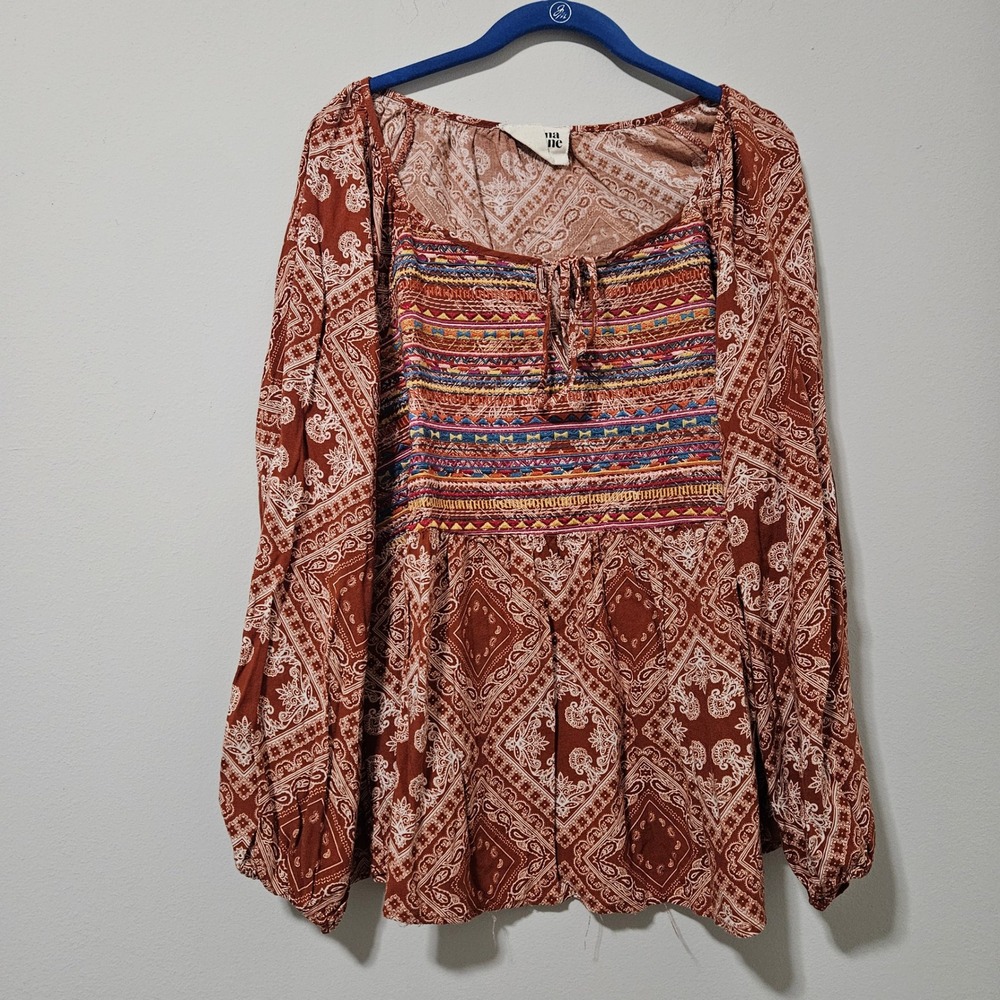 Savanna Jane Rust Brown Paisley Embroidered Boho Peasant Blouse Top 1X P17928-3